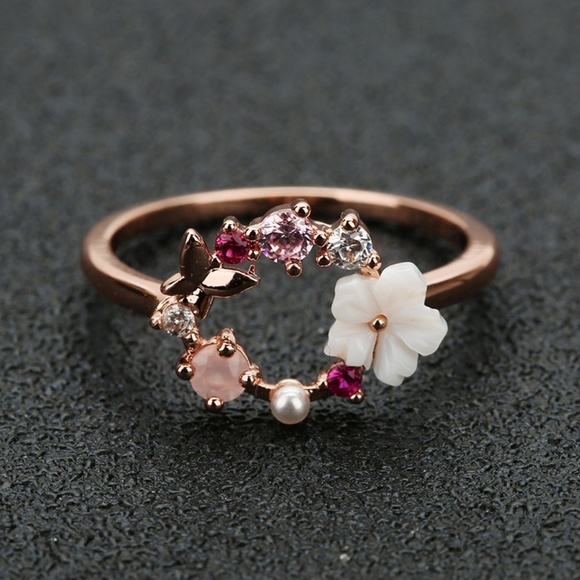 Rose Gold Butterfly‎ Flower Halo Ring - Picture 1 of 8
